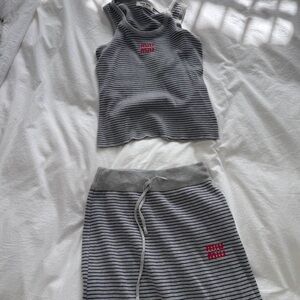 Miumiu Striped Gray Knit Tank and Skirt Set with Red Logo